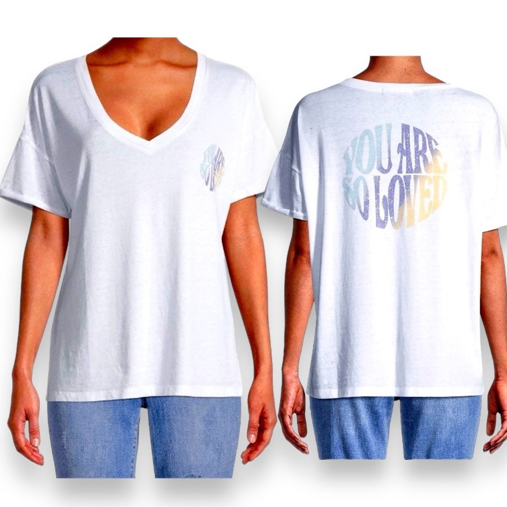 Womens Juniors Oversized Burnout Boyfriend Tshirt Graphic VNeck Top Size XS NEW